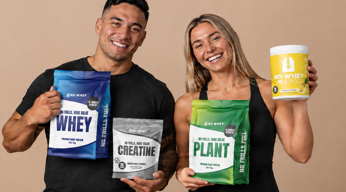 Two athletes holding NoWhey Whey, Creatine and Plant protein bags
