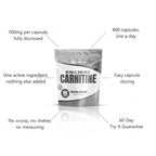 NoWhey Carnitine 400 Capsules key facts diagram - 700mg per capsule, one a day