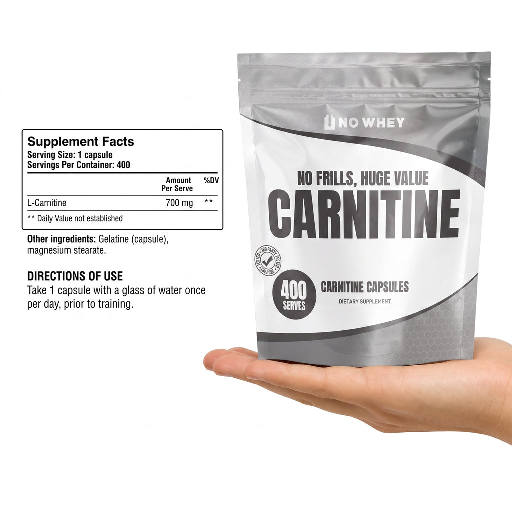 NoWhey Carnitine 400 Capsules supplement facts - 700mg L-carnitine per capsule