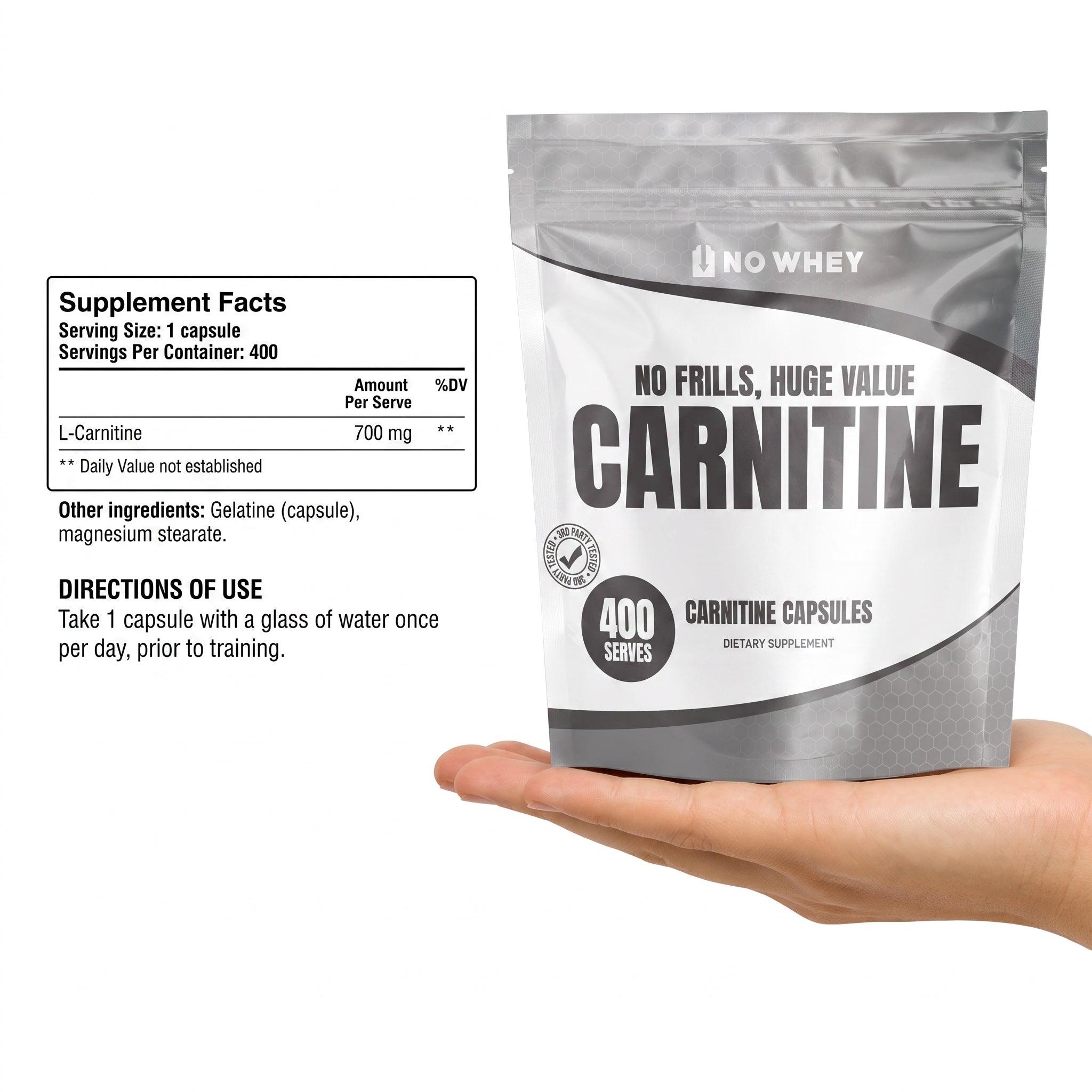 NoWhey Carnitine 400 Capsules supplement facts - 700mg L-carnitine per capsule