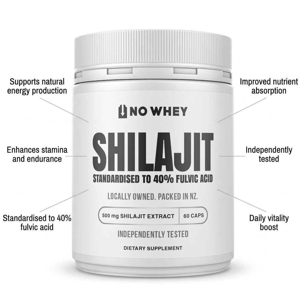 NoWhey Shilajit benefits: natural energy production, nutrient absorption, stamina and endurance, standardised to 40% fulvic acid, independently tested, daily vitality