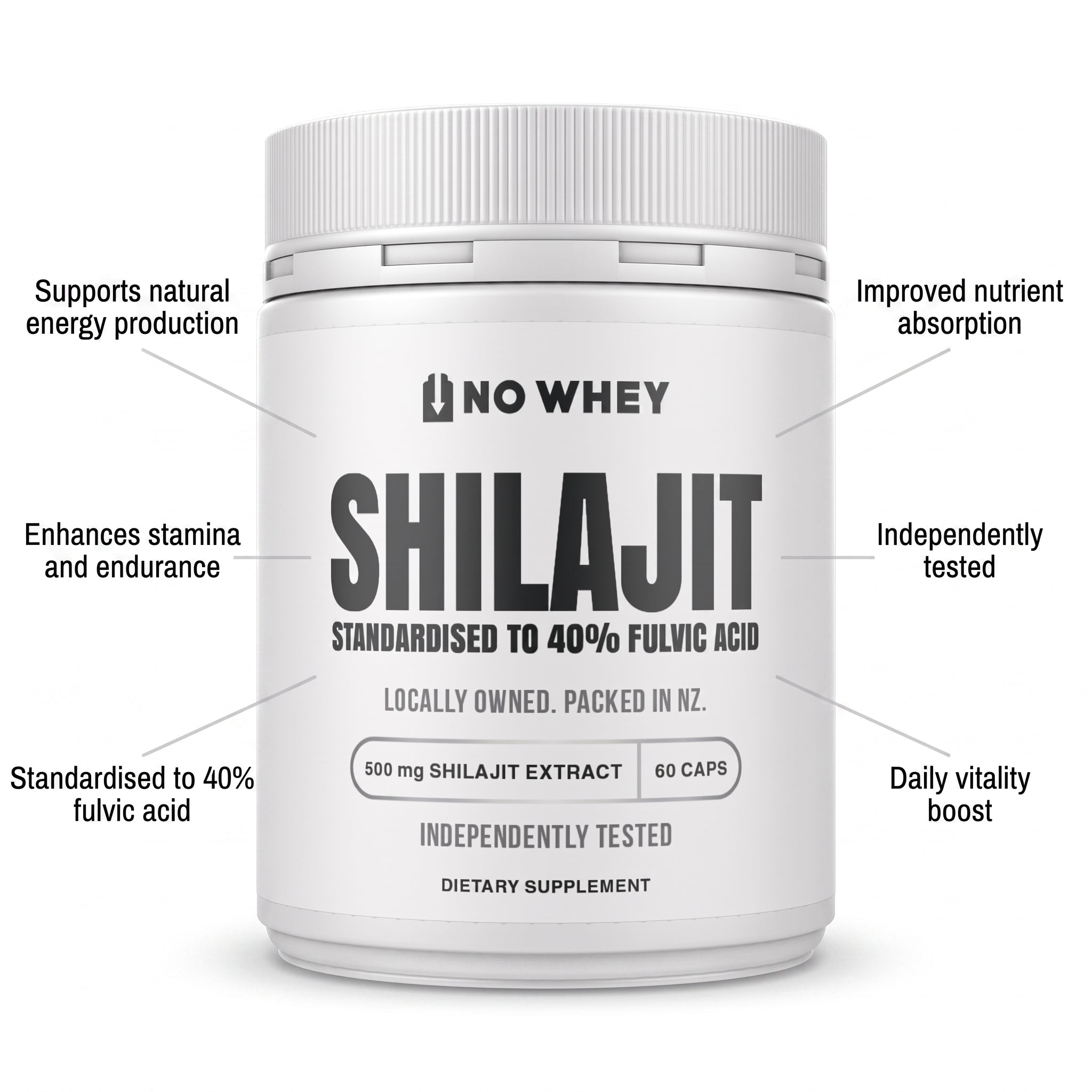 NoWhey Shilajit benefits: natural energy production, nutrient absorption, stamina and endurance, standardised to 40% fulvic acid, independently tested, daily vitality