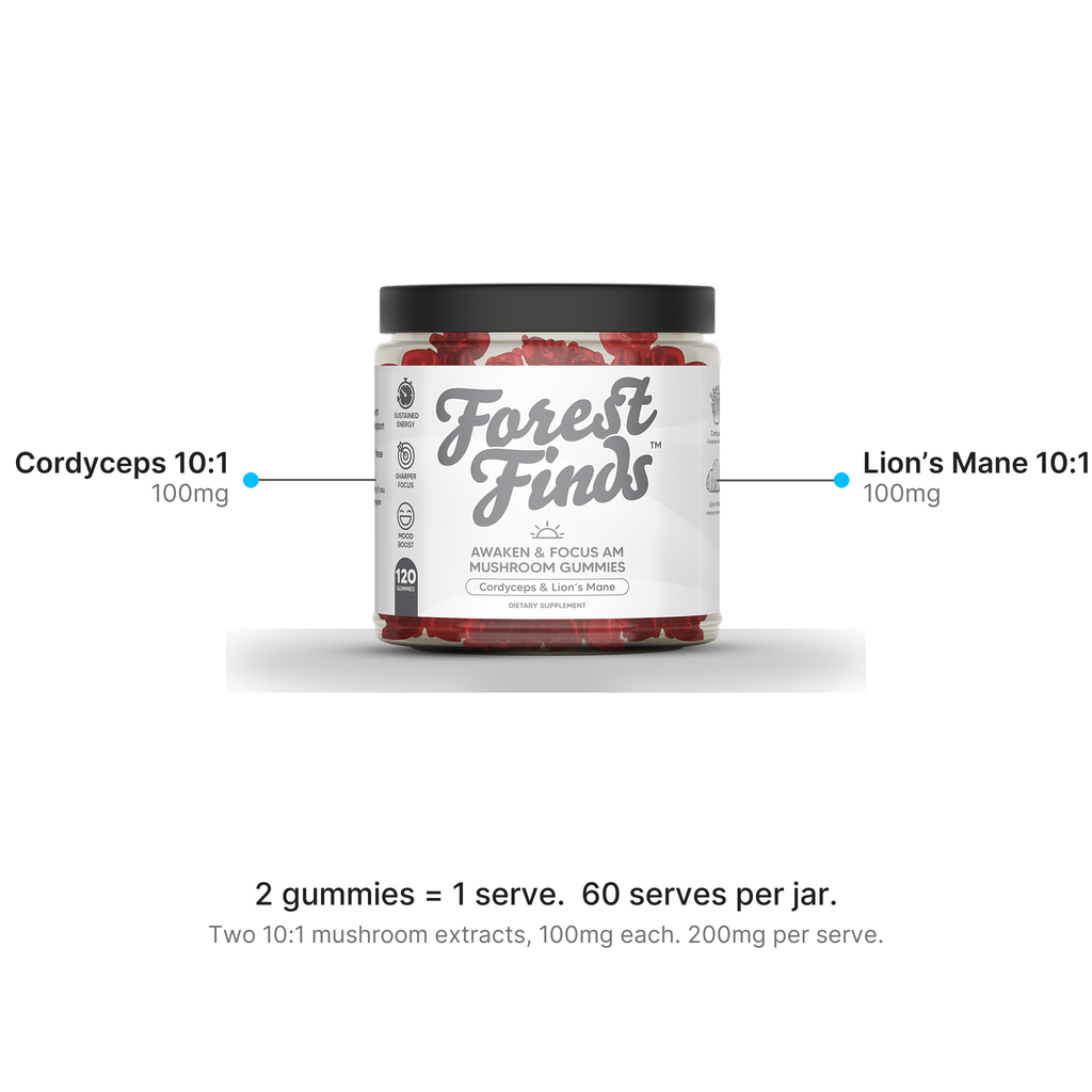 Two 10:1 mushroom extracts per two-gummy serve, 100mg each