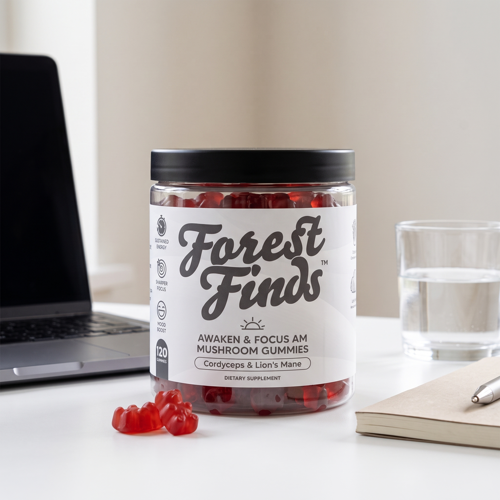 AM Mushroom Gummies jar on a desk