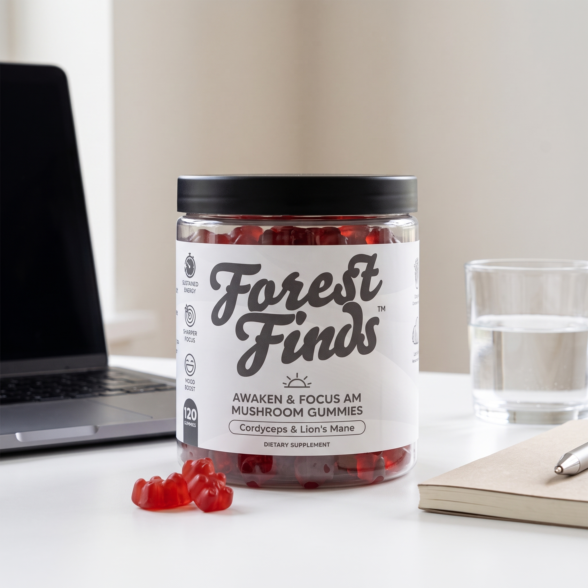 AM Mushroom Gummies jar on a desk
