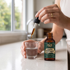 Lion’s Mane tincture dropper measured into a small glass of water