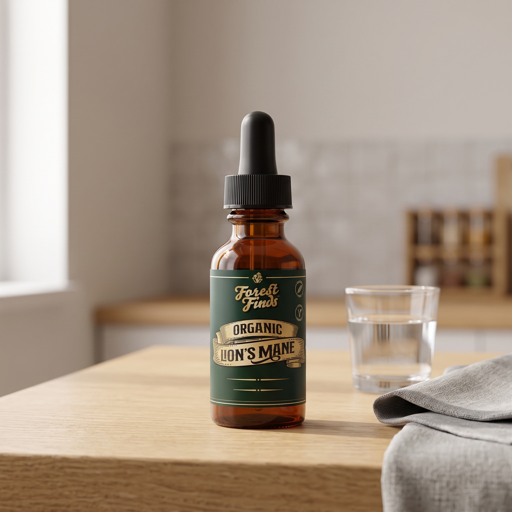 Lion’s Mane tincture bottle on a kitchen bench