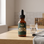 Lion’s Mane tincture bottle on a kitchen bench