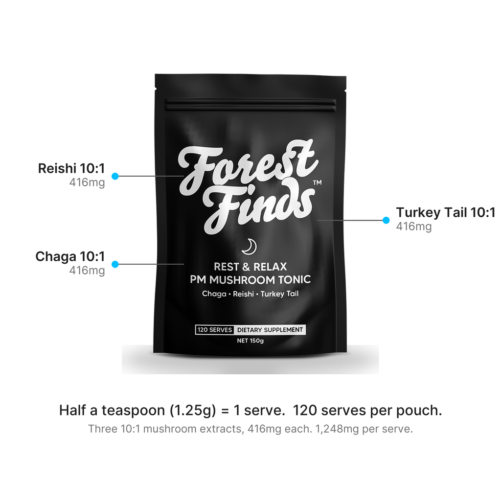 Three 10:1 mushroom extracts per half-teaspoon serve, 416mg each