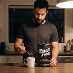 PM Mushroom Tonic pouch beside an evening tea