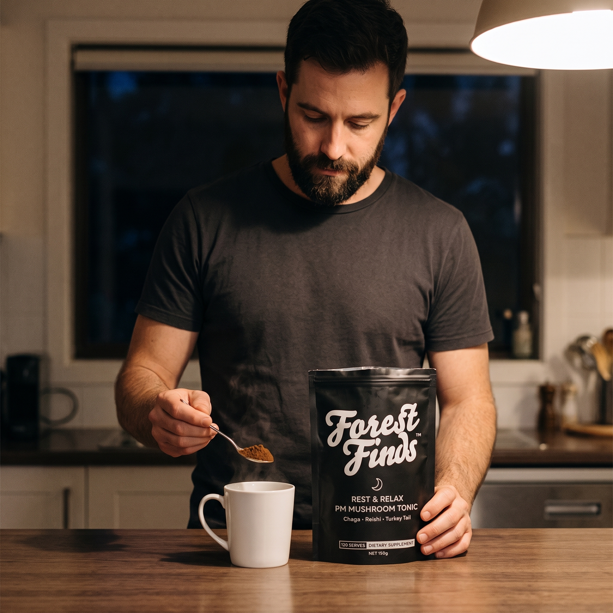 PM Mushroom Tonic pouch beside an evening tea
