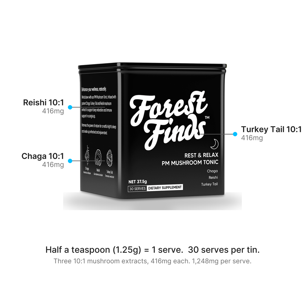 Three 10:1 mushroom extracts per half-teaspoon serve, 416mg each