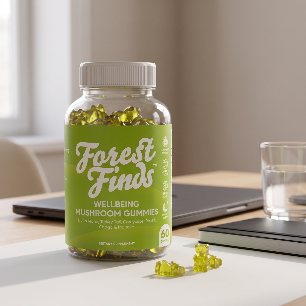 Wellbeing Mushroom Gummies bottle on a desk