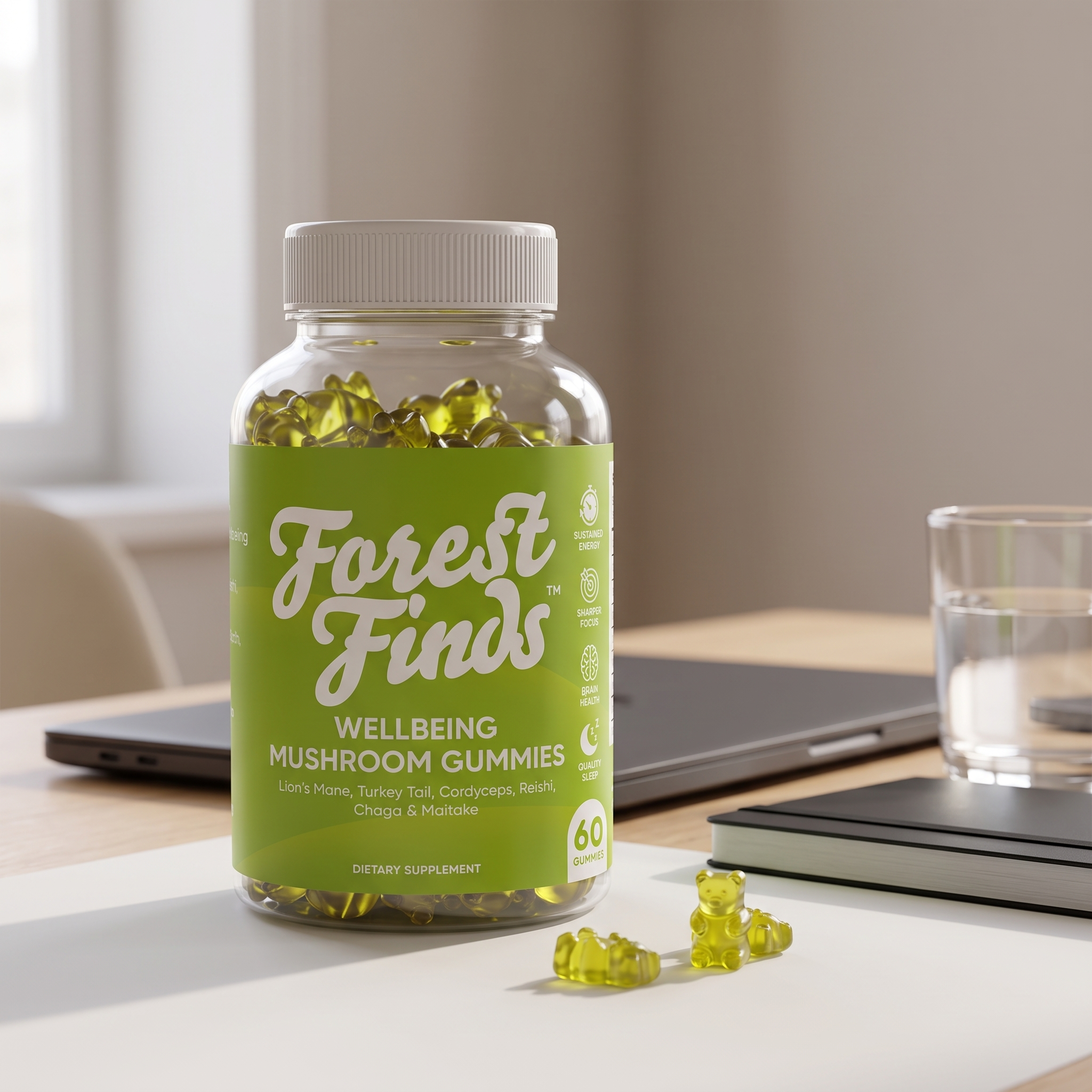 Wellbeing Mushroom Gummies bottle on a desk