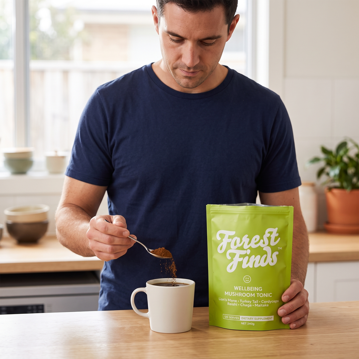 Wellbeing Mushroom Tonic pouch beside a morning coffee