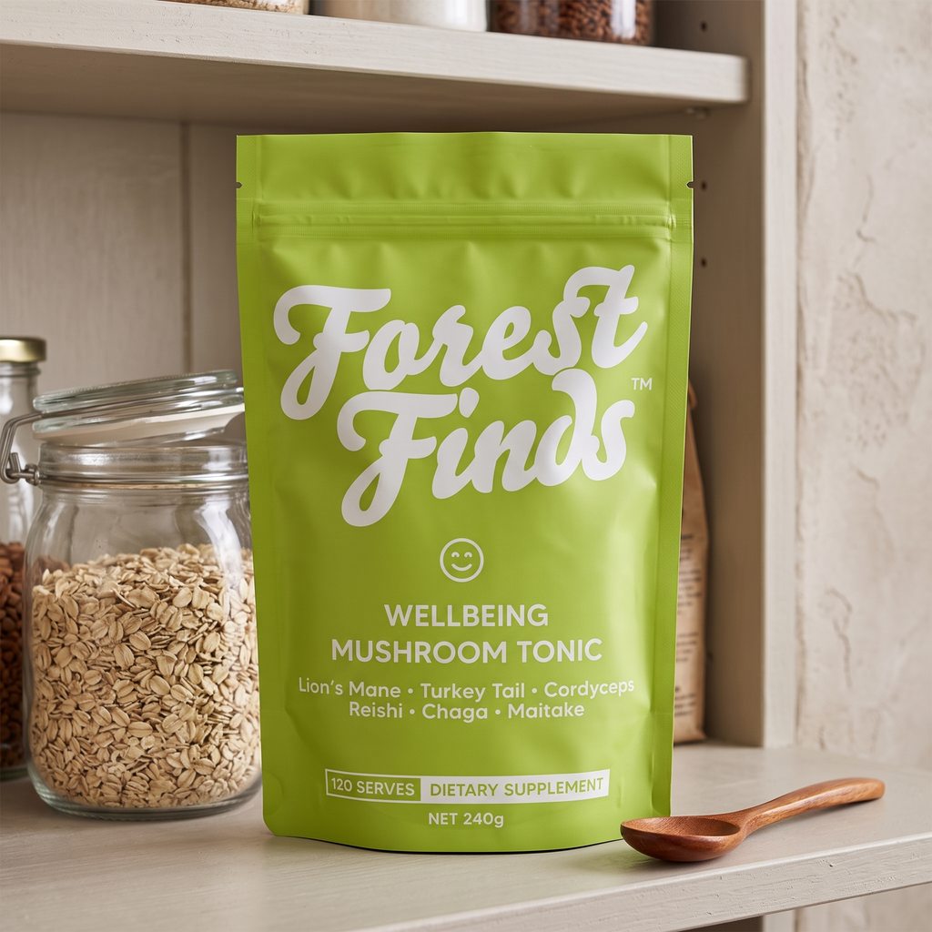 Wellbeing Mushroom Tonic pouch on a pantry shelf