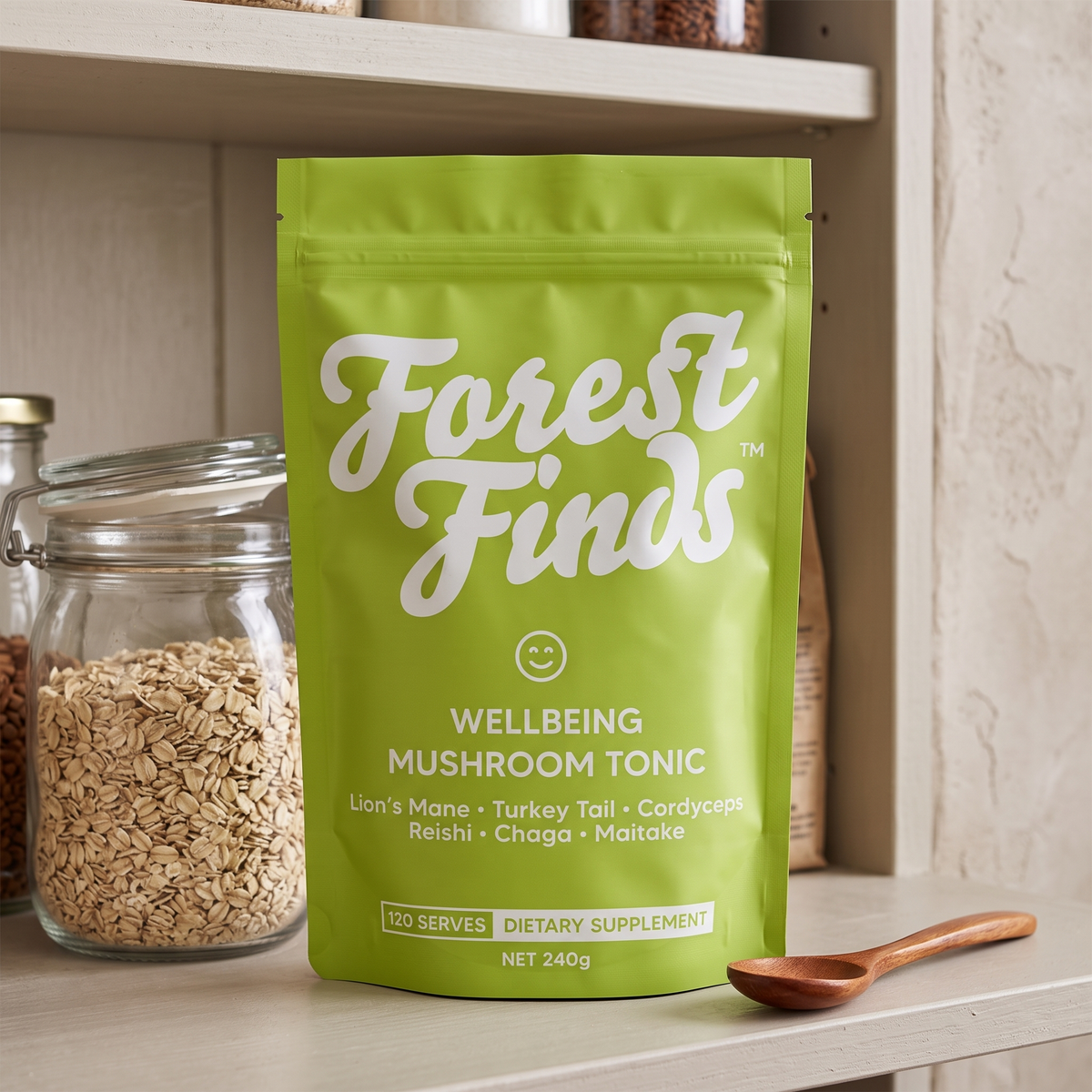 Wellbeing Mushroom Tonic pouch on a pantry shelf