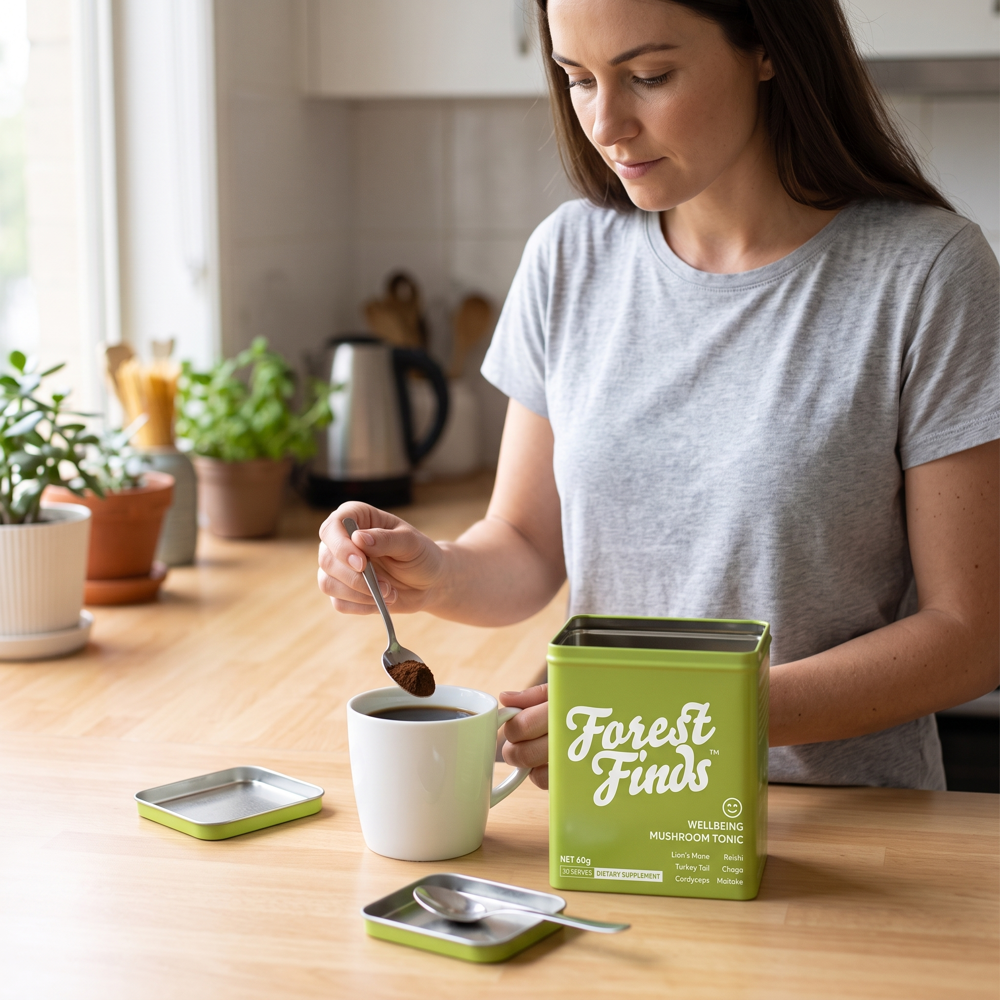 Wellbeing Mushroom Tonic stirred into a morning coffee