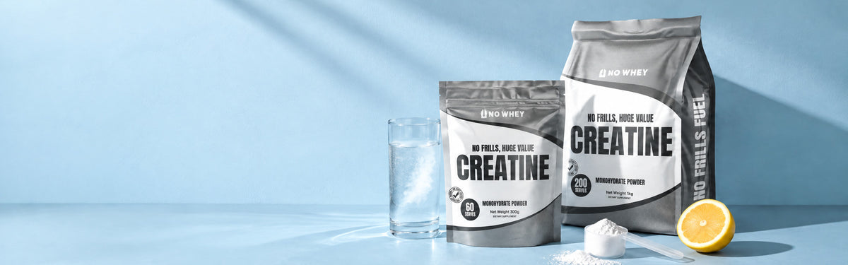 NoWhey creatine monohydrate 300g and 1kg with a glass of water