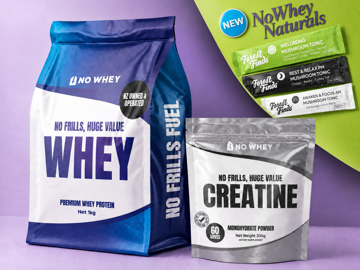 NoWhey whey and creatine pouches with the three NoWhey Naturals mushroom tonic sachets