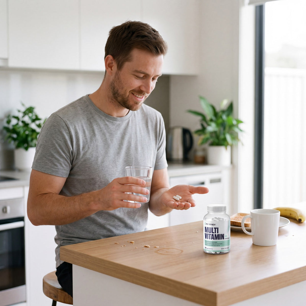 Man taking two NoWhey Multivitamin capsules with a glass of water at breakfast