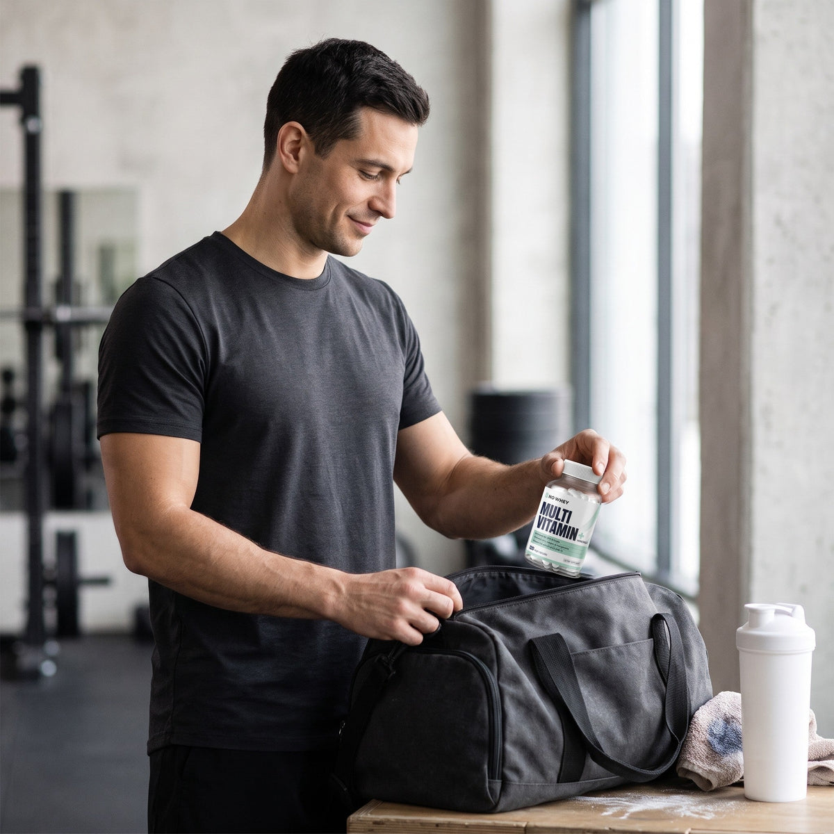Man after training putting a bottle of NoWhey Multivitamin + Minerals into his gym bag
