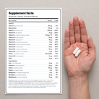 Supplement facts for NoWhey Multivitamin + Minerals with every nutrient and dose, next to a hand holding two capsules
