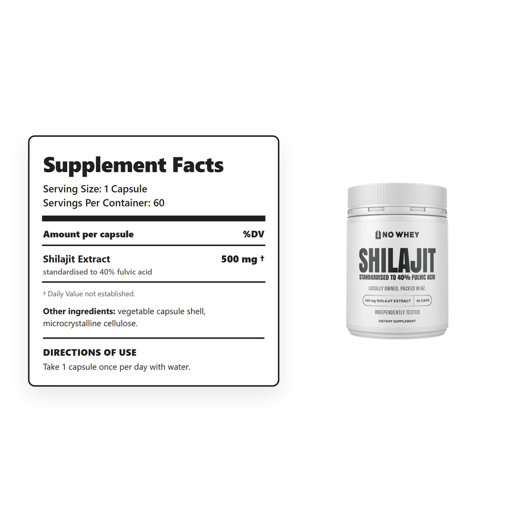 NoWhey Shilajit Supplement Facts: 500mg shilajit extract standardised to 40% fulvic acid per capsule, 60 servings, take 1 capsule daily with water